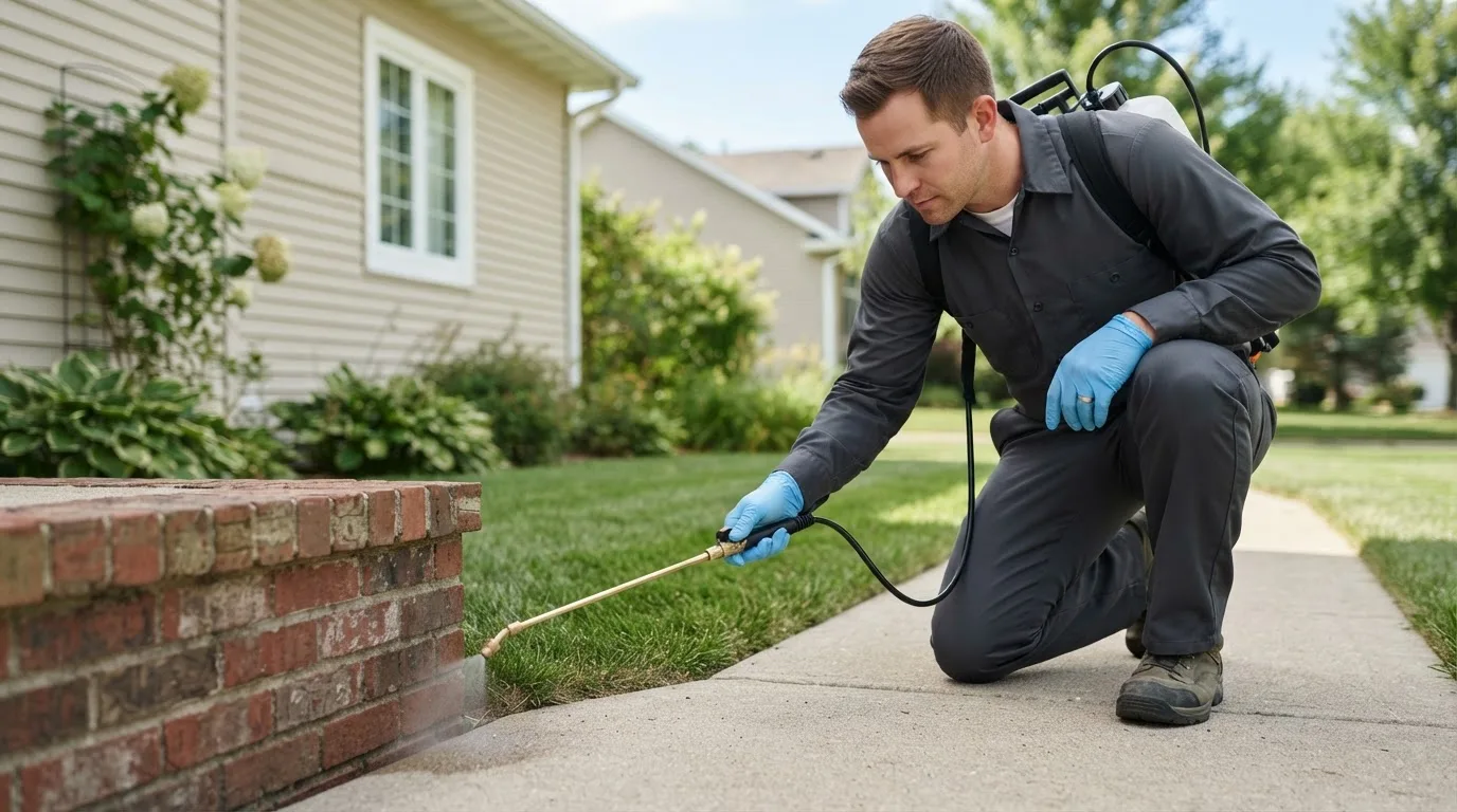 Pest control technician treating a home near Camargo, IL