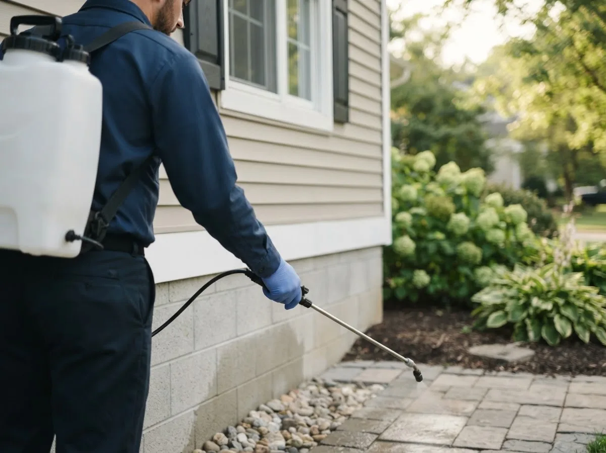 Pest control technician inspecting a home in Camargo, IL